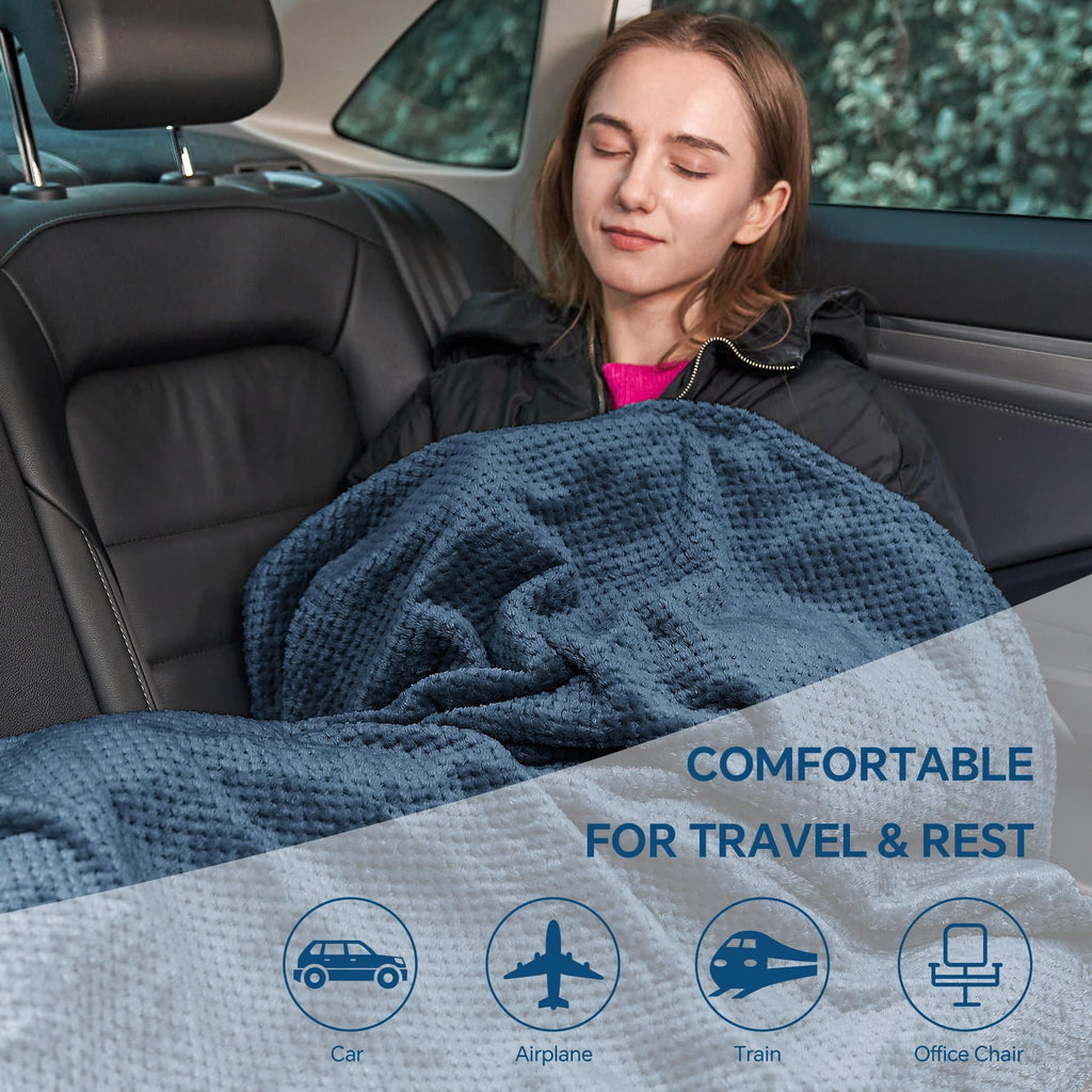 BEDELITE Travel Blanket with Bag, Jacquard Fleece Blanket 65"x40" - Navy view 6