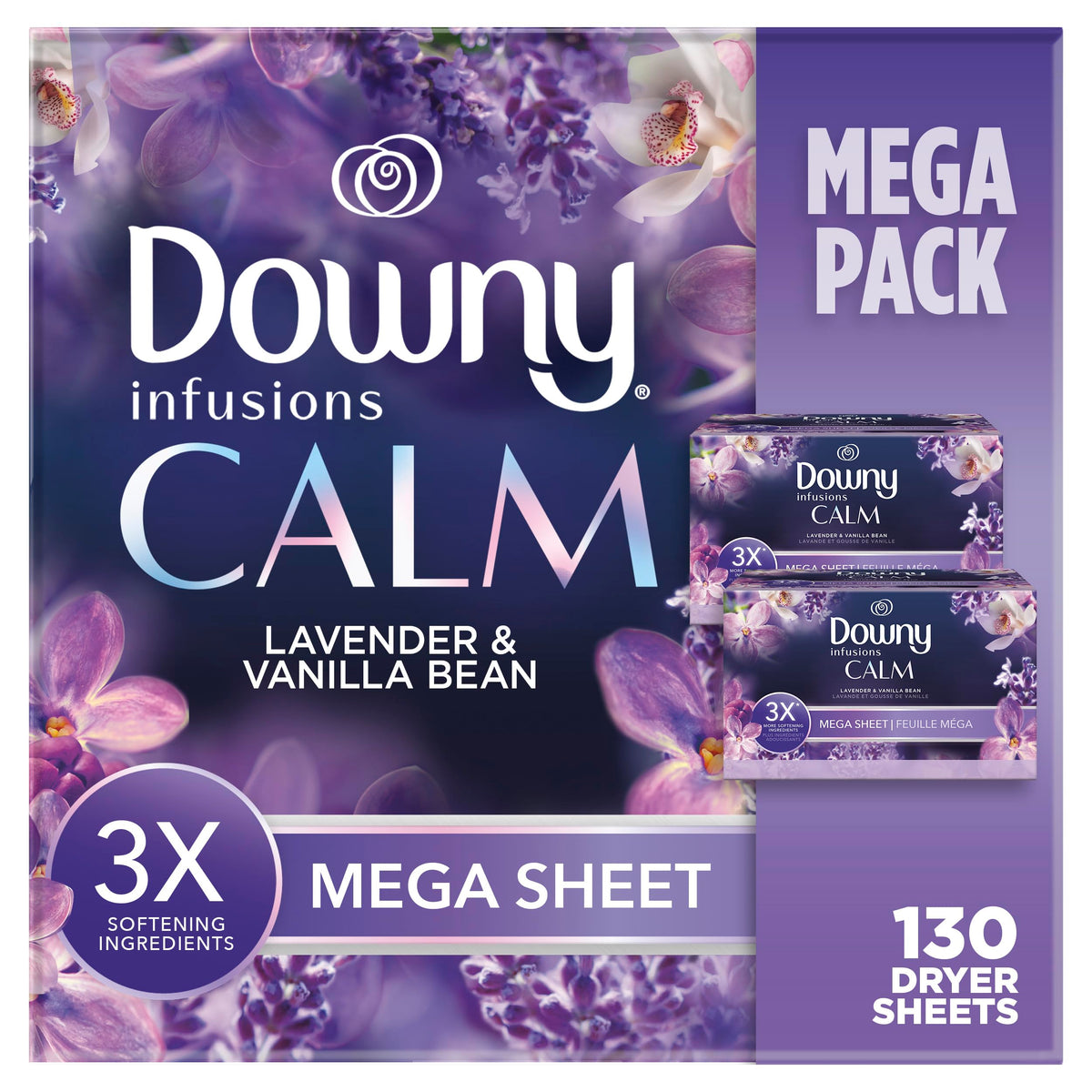 Downy CALM, Mega Dryer Sheets, Laundry Fabric Softener, Lavender and Vanilla Bean, – 130 Count