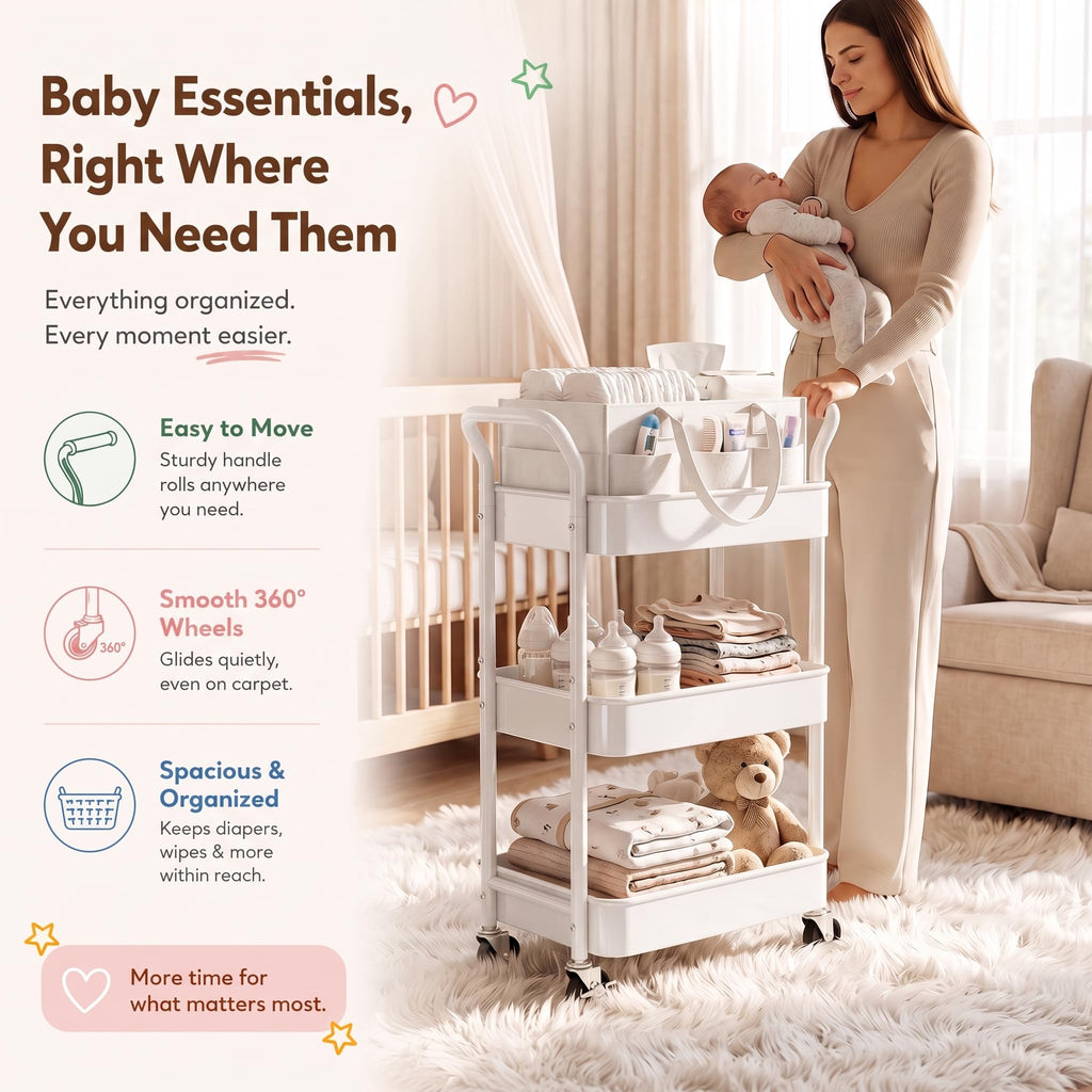 3 Tier Rolling Diaper Caddy Cart - Off-white view 1