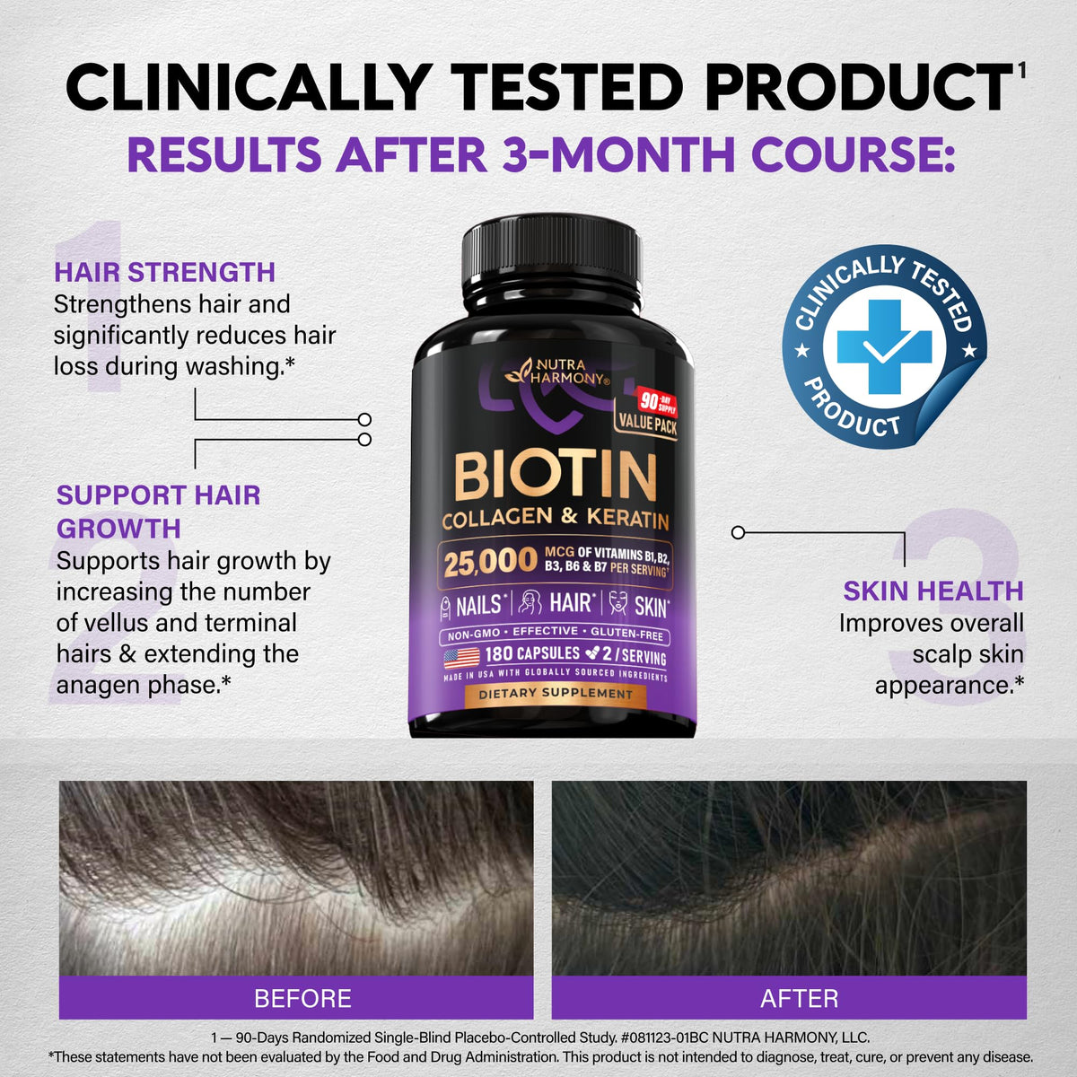 NUTRAHARMONY Biotin, Collagen, Hyaluronic Acid & Keratin - Hair Growth Support, 180 Caps