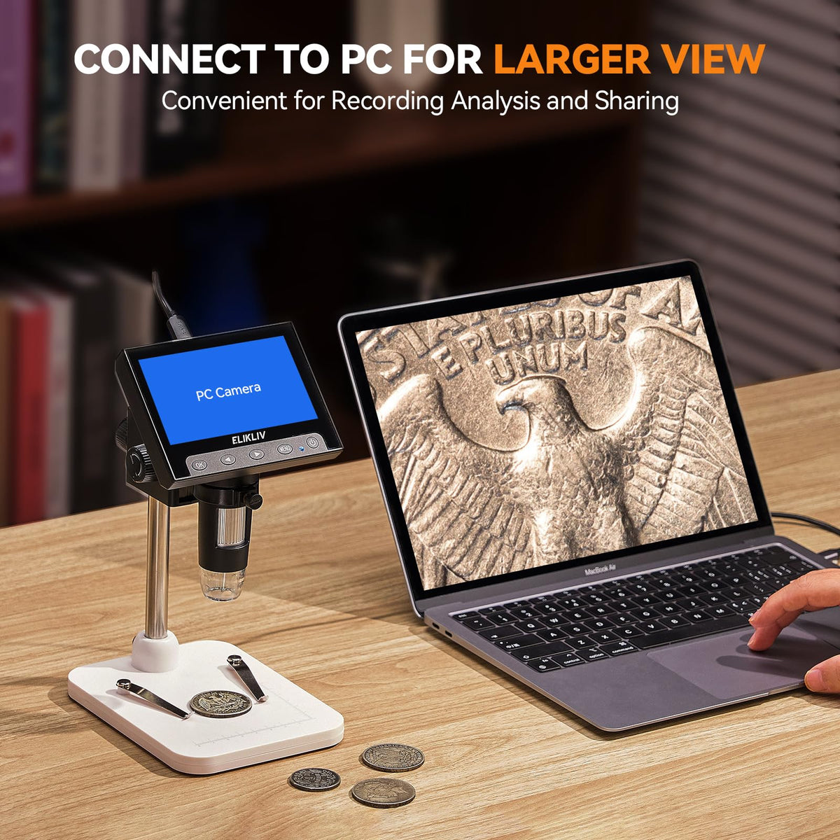 Elikliv Microscope, LCD Digital Coin Microscope 1000x, Coin Magnifier with 8 Adjustable LED Lights, PC View Compatible