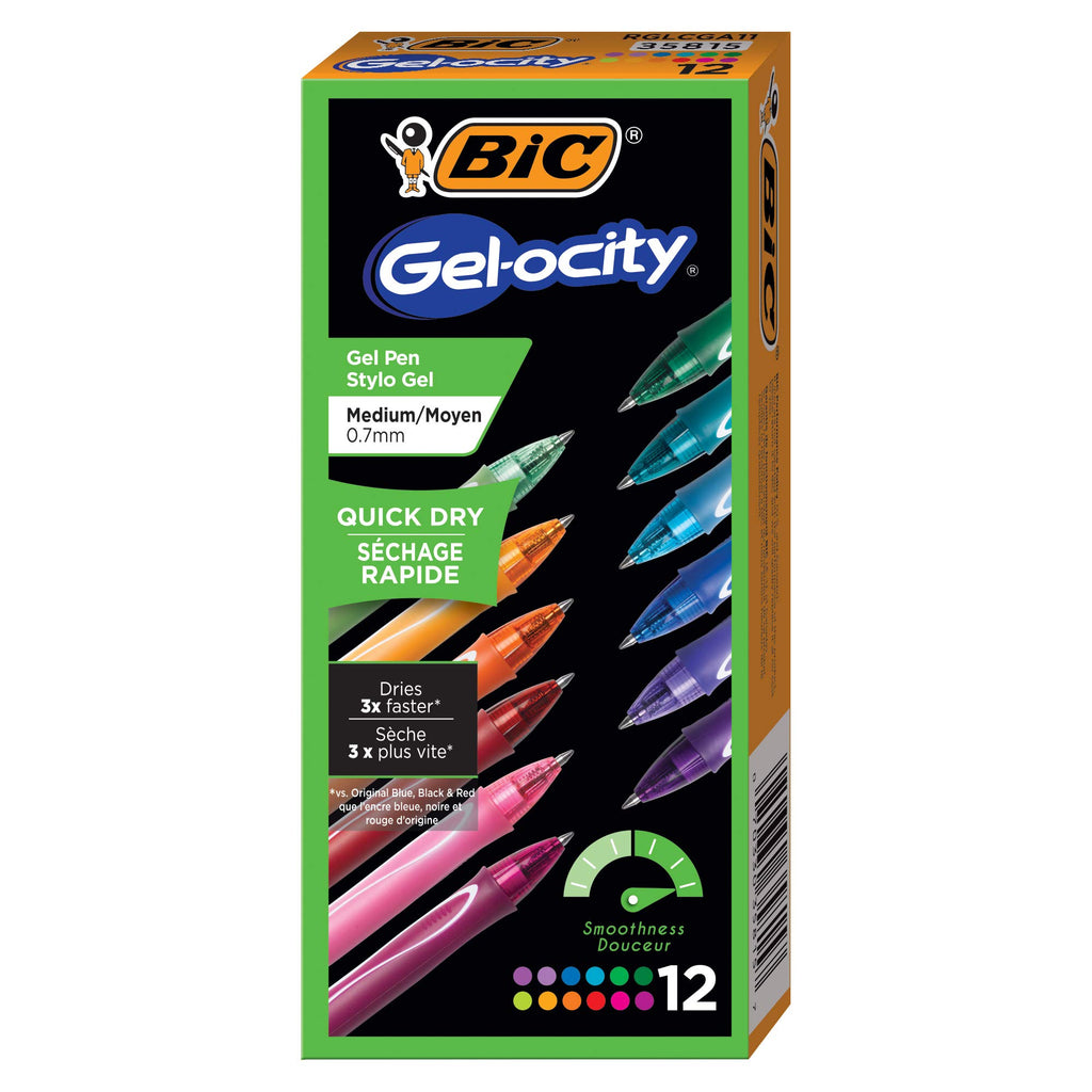 BIC Gel-Ocity Quick Dry Gel Pens, Medium Point Retractable Gel Pen (0.7mm), Assorted Colors, 12-Count- Pack of 18
