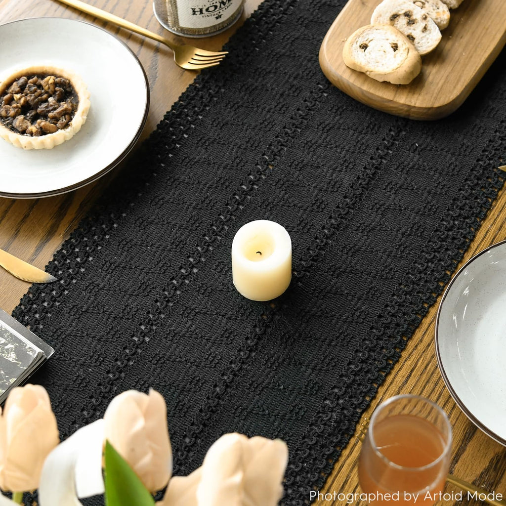 Artoid Woven Farmhouse Hollow Table Runner - Black / 12" x 120", Table Runner view 4