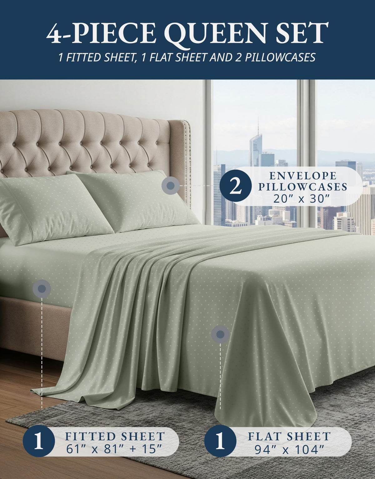 Lane Linen 100% Egyptian Cotton Ultra Soft Sheets - 40: Swiss Dot - Mineral view 1
