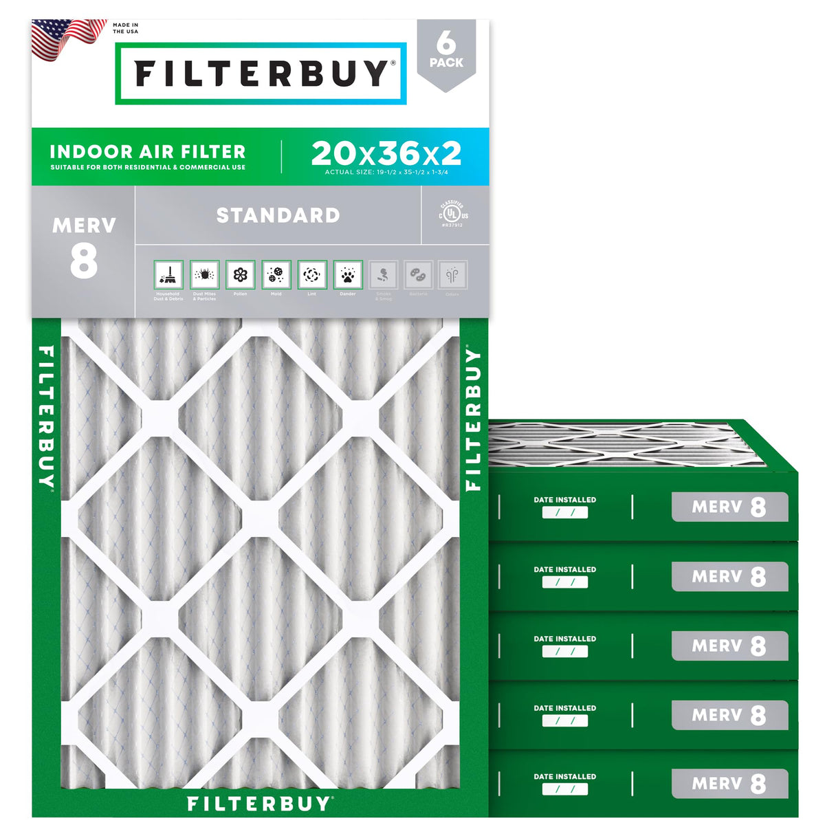 Filterbuy 20x36x2 Air Filter MERV 8 Dust & Allergy Defense (6-Pack)
