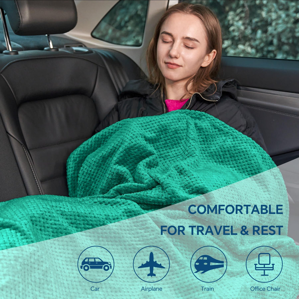 BEDELITE Travel Blanket with Bag, Jacquard Fleece Blanket 65"x40" - Teal view 6