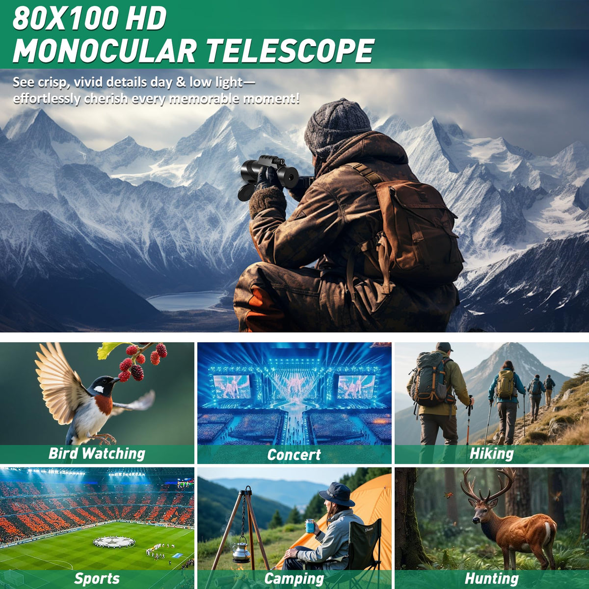 BFVV 80x100 High Powered Monocular Telescope for Adults Bird Watching (additional view 7)