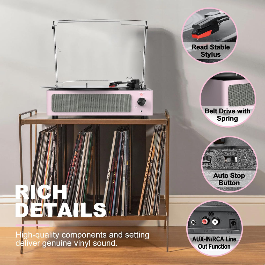 Seasonlife Vinyl Record Player with Speakers Turntable for Vinyl,Pale Pink (additional view 5)
