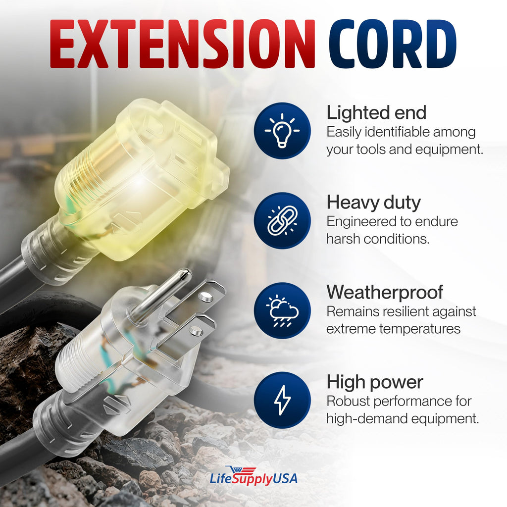 LifeSupplyUSA Outdoor/Indoor Extension Cord Heavy Duty 3 Prong SJTW - 10 FT / 12AWG view 1