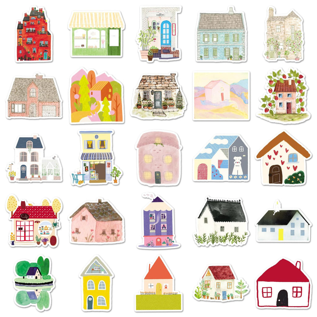 Cute Cartoon House Stickers for Journaling - 50PCS Aesthetic Watercolor House Stickers (additional view 2)