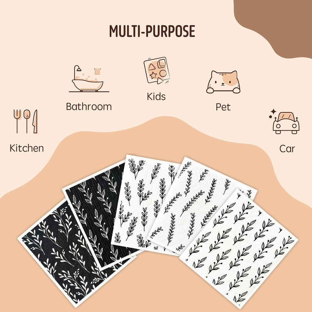 Augine Swedish Dishcloths for Kitchen, Reusable Paper Towel - 5 Count- Black and White view 6
