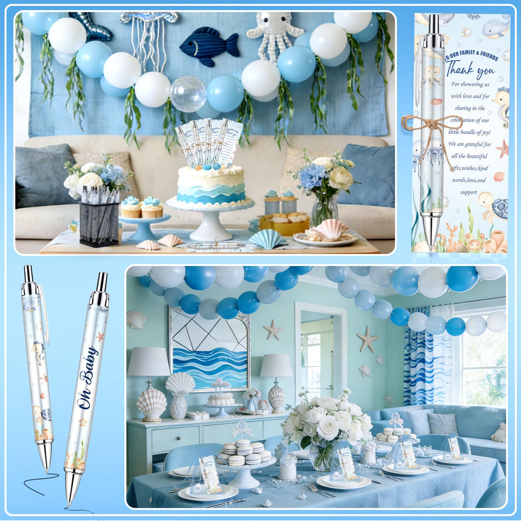 EYNDYN 145 Pieces Baby Shower Favors Ballpoint Pens and Keychains Gifts Bulk Retractable Pens Gender Reveal Cards Souvenirs - 72 / Sea view 5