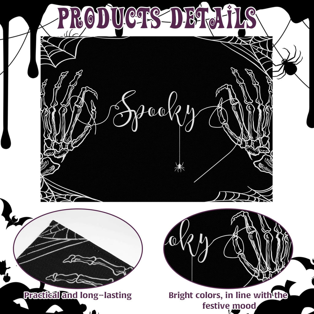 HINGTAI 4Pcs Halloween Skeleton Spooky Spider Black Placemats Set of 4, Suitable for (additional view 2)
