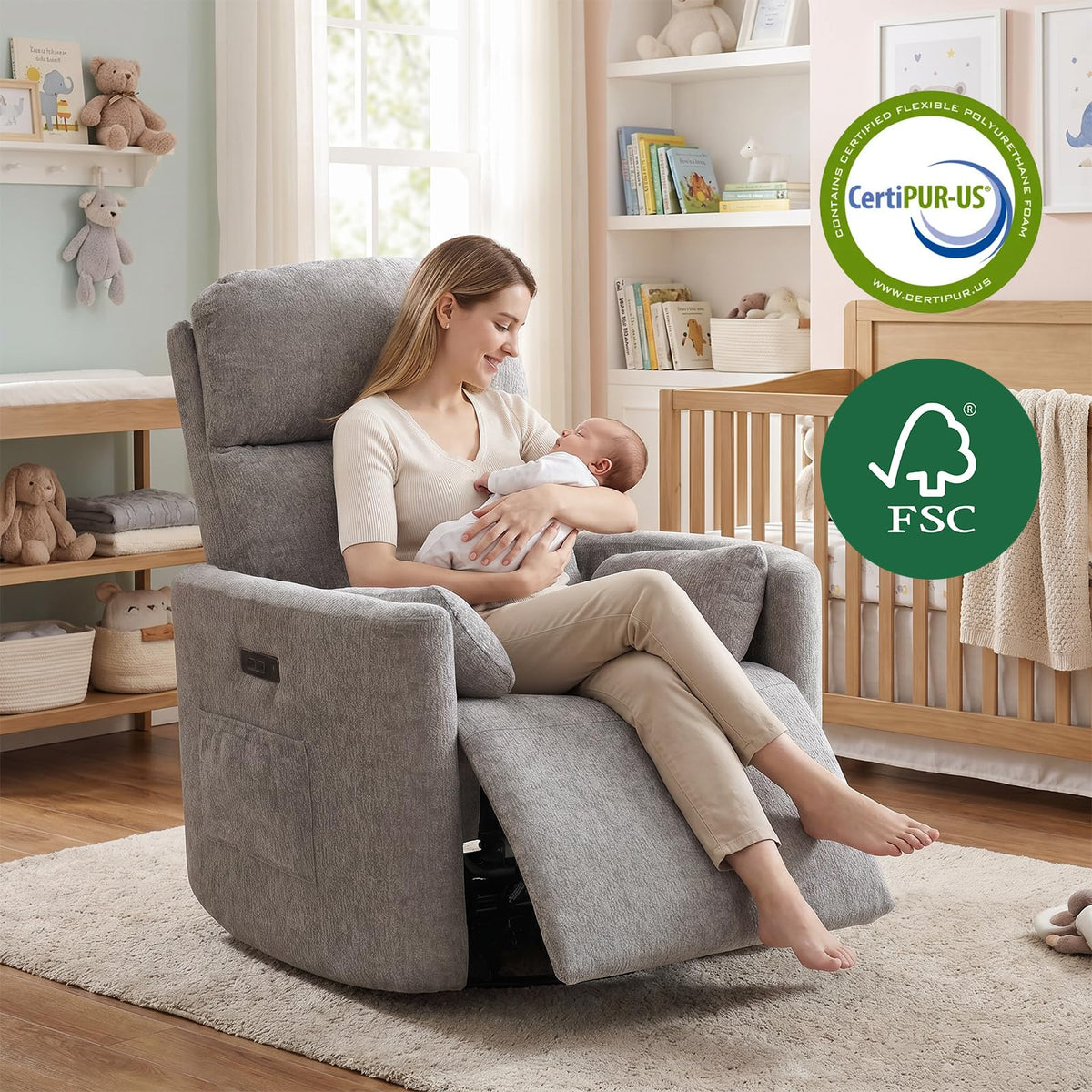 Rhevoy Oversized Power Recliner with Massage and Heat, Swivel Rocker Recliner with Adjustable Headrest, Glider Recliner