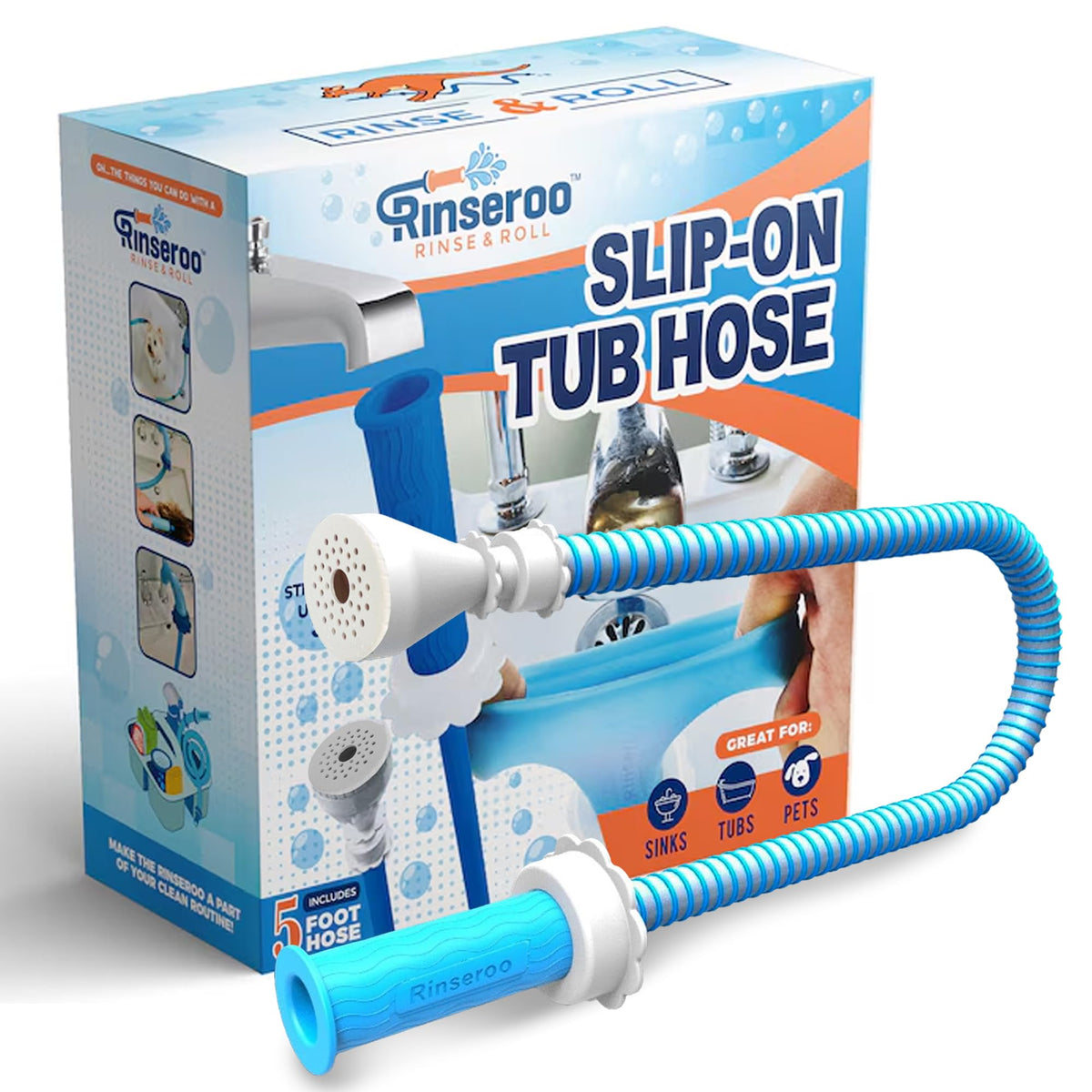 Rinseroo: Slip-On Tub Hose – As Seen on Shark Tank – 5ft Flex Bathtub Faucet Sprayer –