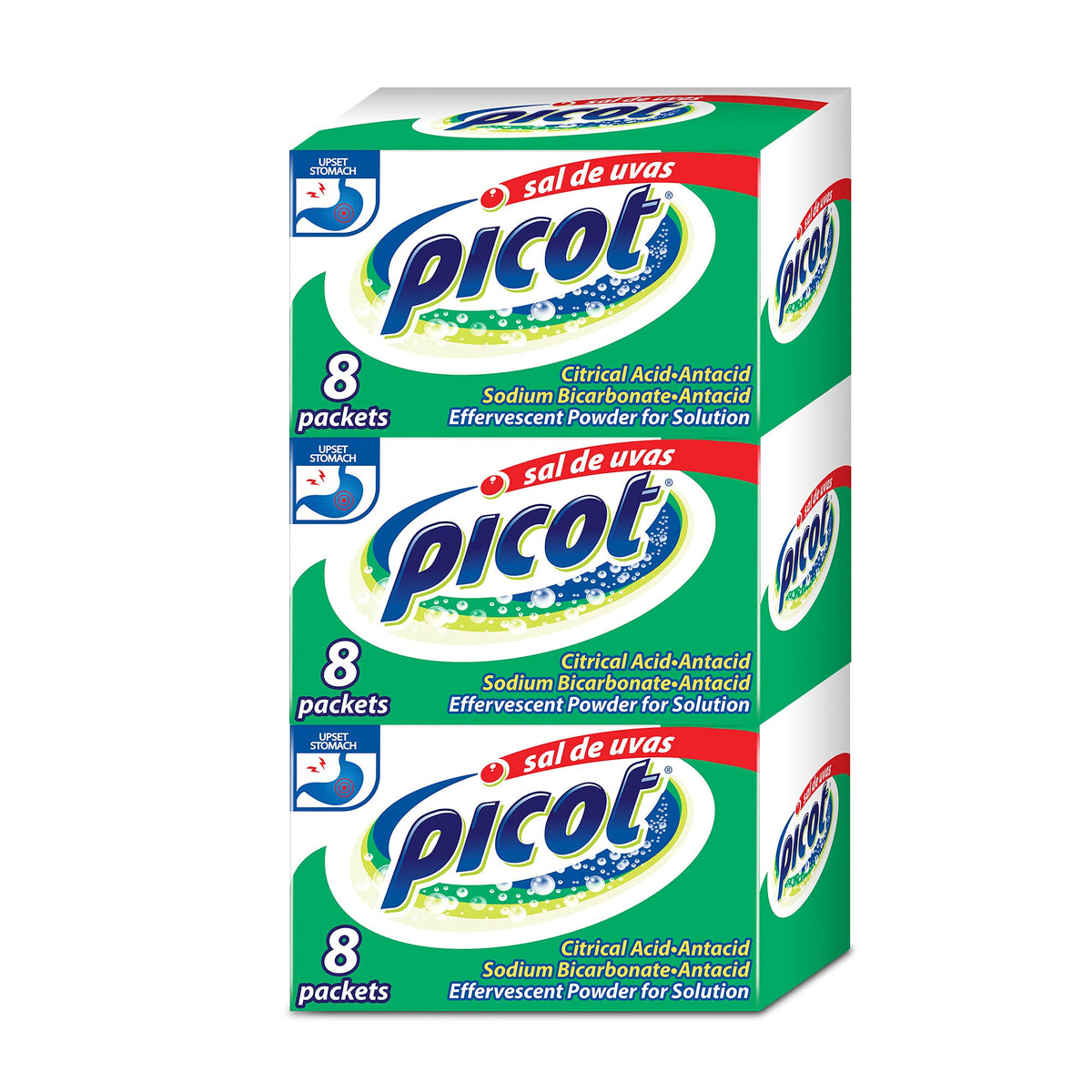 SAL DE UVAS PICOT Effervescent Antacid Powder, 24 Packets (3 Boxes x 8) (Pack of 3)