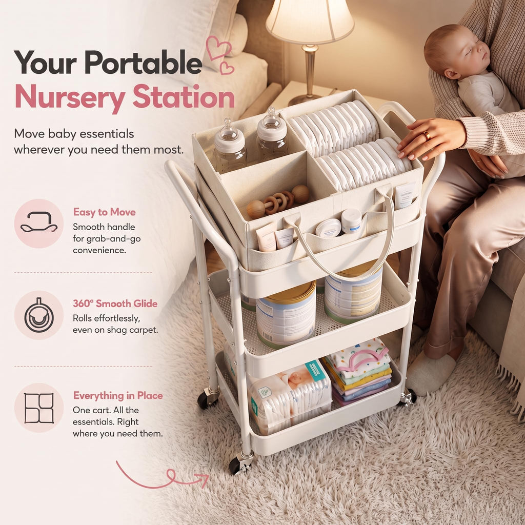 3 Tier Rolling Diaper Caddy Cart - Off-white view 2