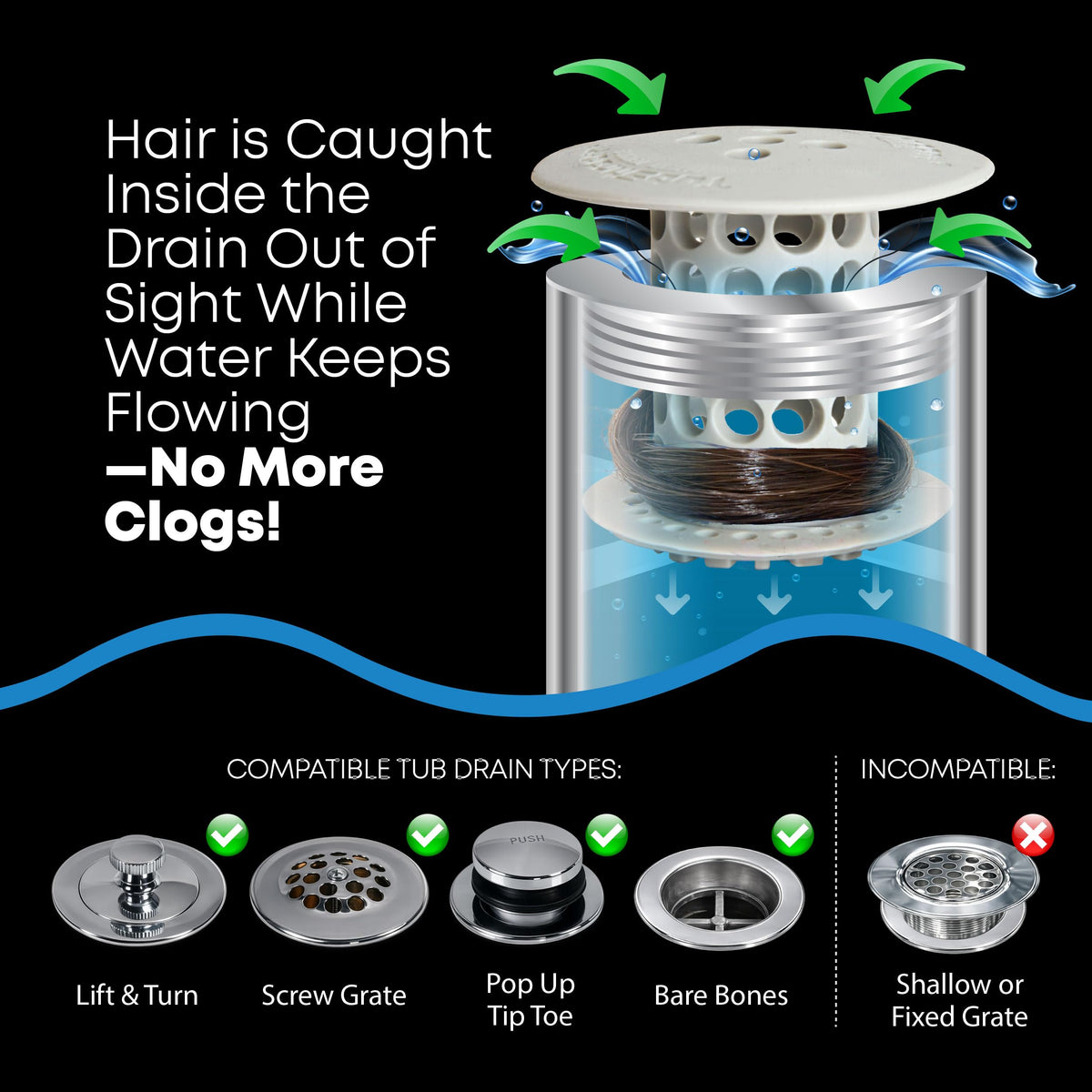 TubShroom The Revolutionary Tub Drain Protector Hair - Gray view 2