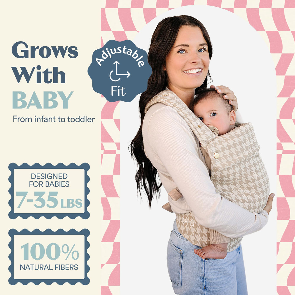 Ergonomic Hip-Healthy Baby Carrier, Front and Back Carry, 7-35 lbs - Houndstooth view 2