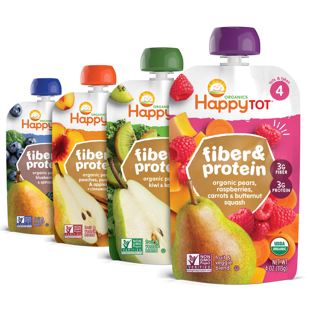 Happy Tot Organics Stage 4 Baby Food Pouches, Gluten Free, Vegan Snack, Fiber & Protein Fruit & Veggie Puree, Fruit & (Pack of 16)