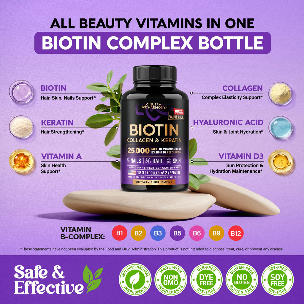 NUTRAHARMONY Biotin, Collagen, Hyaluronic Acid & Keratin - Hair Growth Support, 180 Caps