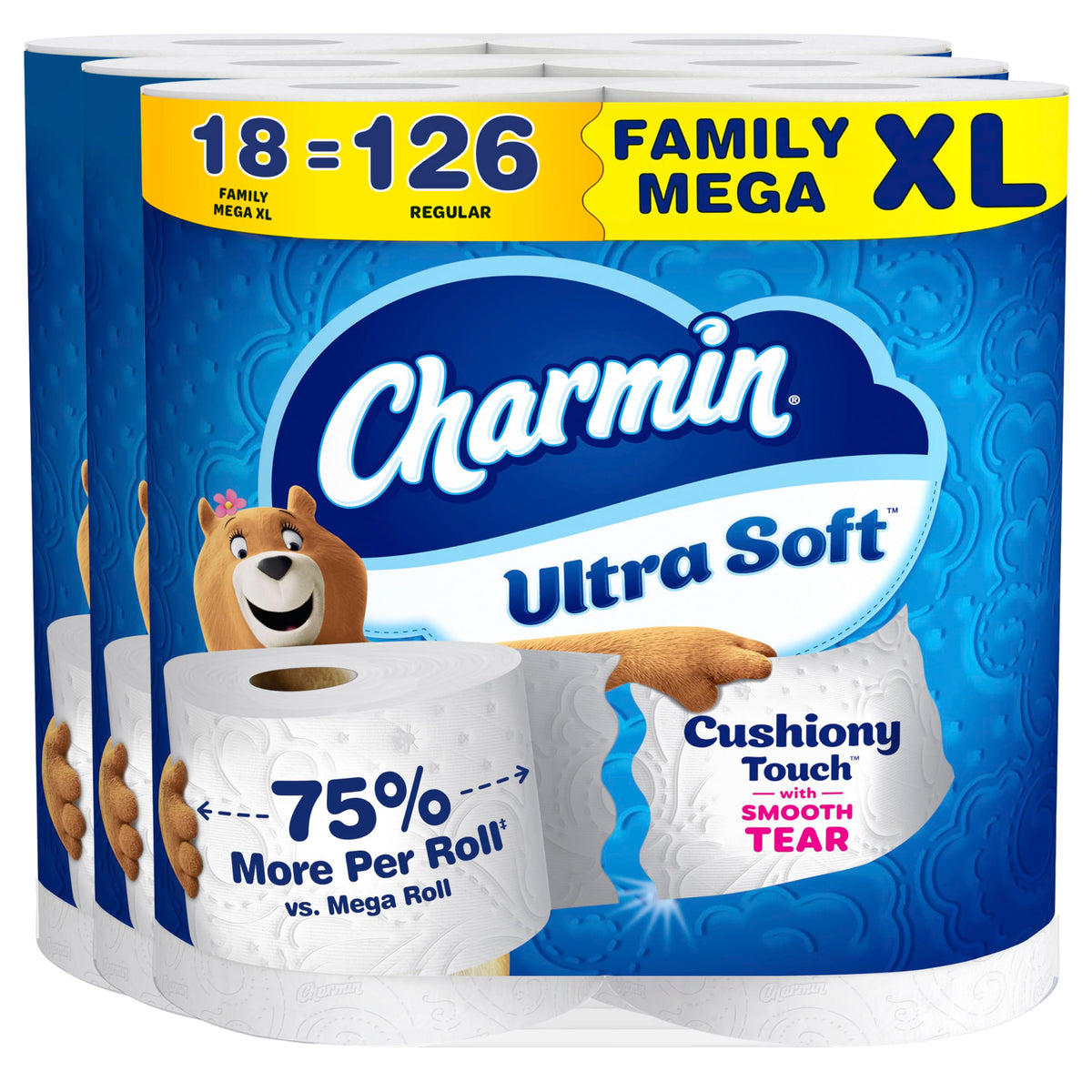 Charmin Ultra Soft Cushiony Touch Toilet Paper, 18 Family Mega XL = 126 Regular Rolls, 2-Ply, – White (P_15198) (Pack of 18)