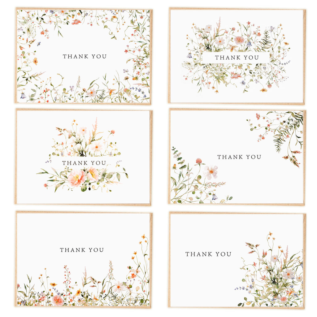 SPIRITDUST 52-pack Floral Thank You Cards Bulk with Kraft Envelopes & Matching Stickers, 3.5x5 Inches, 6 Wildflower