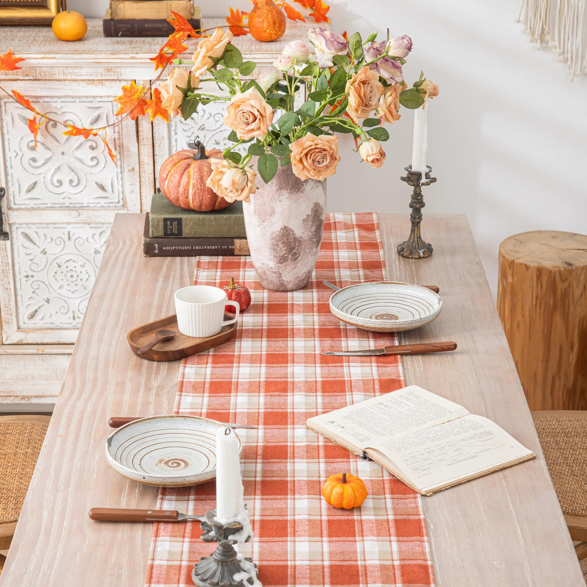 AQOTHES Plaid Fall Thanksgiving Table Runner - Orange Light / 13" x 72" view 6