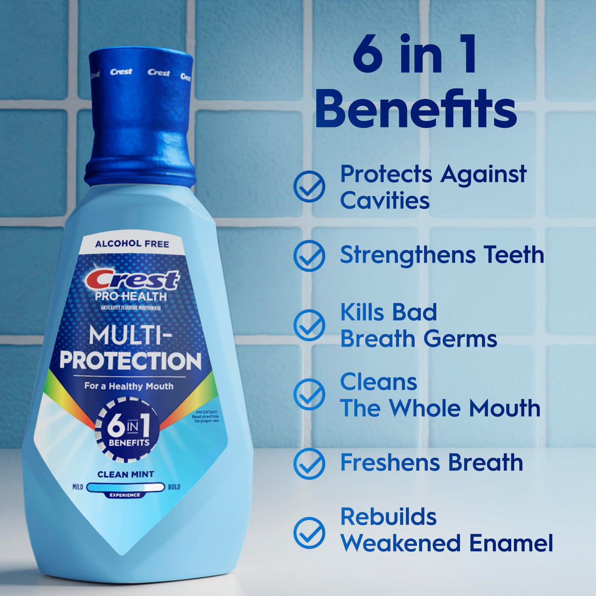 Crest Mouthwash Pro Health Multi-Protection, 1L, 2 Pack, 6-in-1 Benefits, Alcohol Free, Enamel Repair, Breath