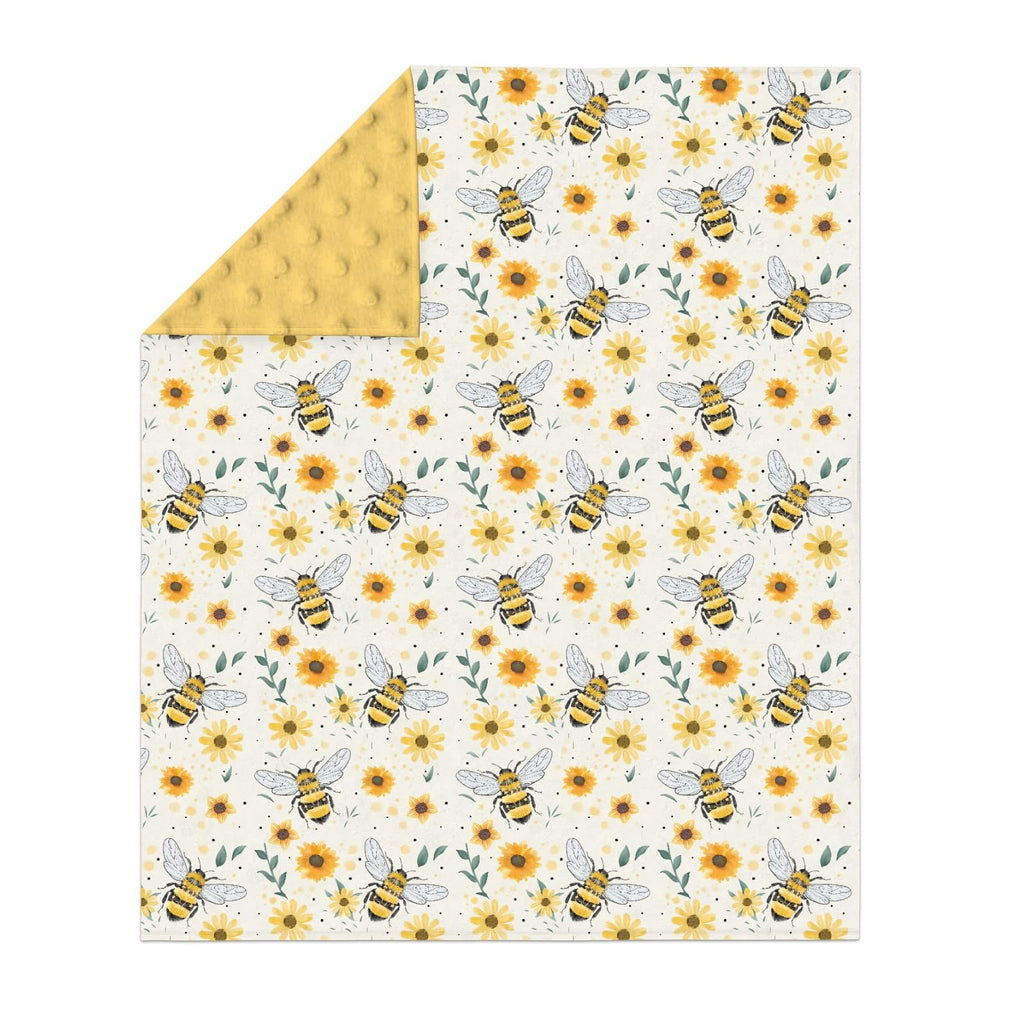 Bee Floral Baby Blanket Soft Mink Dotted Backing Double Layer Swaddle Receiving Blanket 30x40 - Yellow view 1