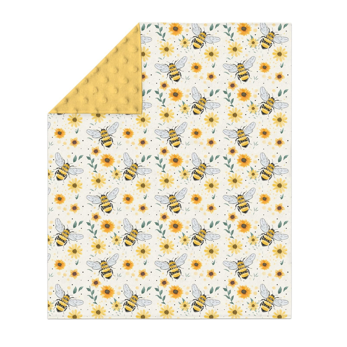 Bee Floral Baby Blanket Soft Mink Dotted Backing Double Layer Swaddle Receiving Blanket 30x40 - Yellow view 1