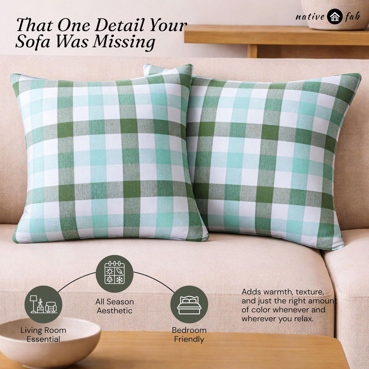 Native Fab Throw Pillow Cushion Cover for Sofa Couch Bed Comfort - Gingham Coastal Seafoam & Mint Green / 16" x 16" (Pack of 2) view 5