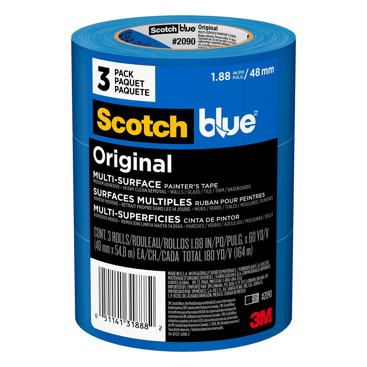 ScotchBlue Original Multi-Surface Painter's Tape 2 Inch Wide, 3 Rolls (2090-48EVP) (Pack of 3)