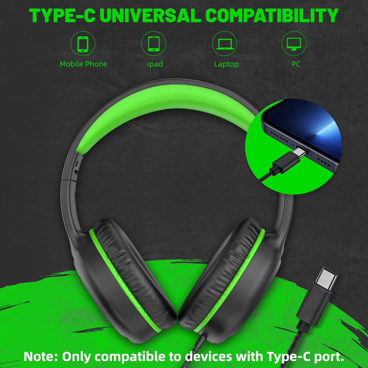 UKELALA U2C Type C Headphones - Black/Green view 2