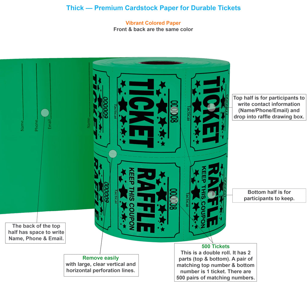 Tacticai 500 Raffle Tickets, Large 50/50 Double Roll - Green view 1