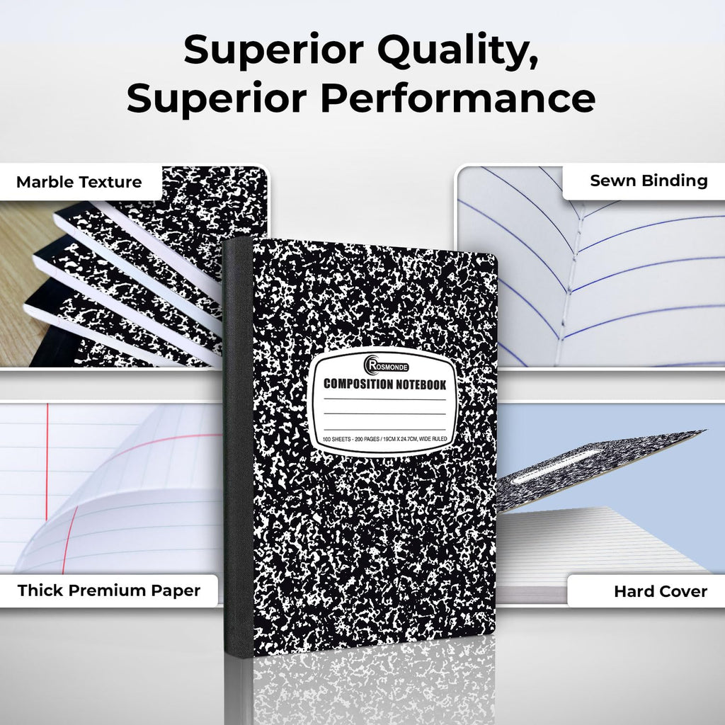 Rosmonde 2000 Pack Composition Notebooks Bulk, Wide Ruled, Black Marble