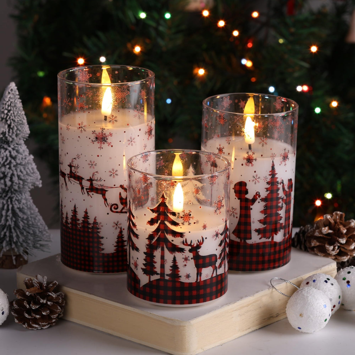 Eywamage Glass Flameless Candles with Remote - Red Buffalo Plaid view 4