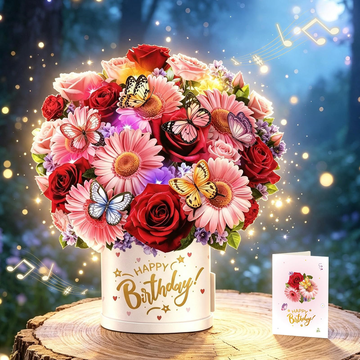 Bouquet Pop Up Birthday Card w Music - Daisy & Butterfly