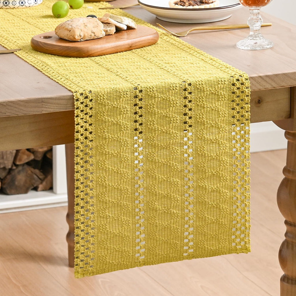 Artoid Woven Farmhouse Hollow Table Runner - Yellow / 12" x 48", Table Runner view 1