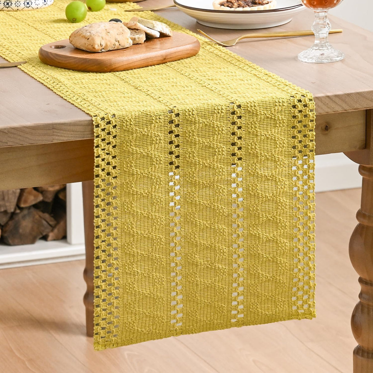 Artoid Woven Farmhouse Hollow Table Runner - Yellow / 12" x 48", Table Runner view 1