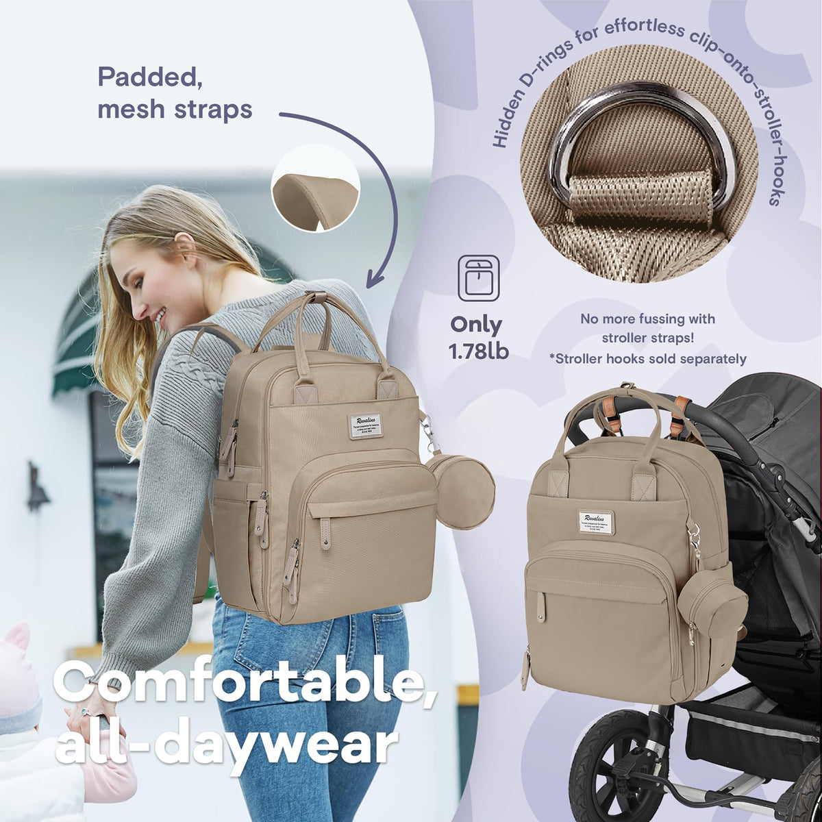 RUVALINO Baby Diaper Bag Backpack with Changing Pad, Waterproof, Clay (168)
