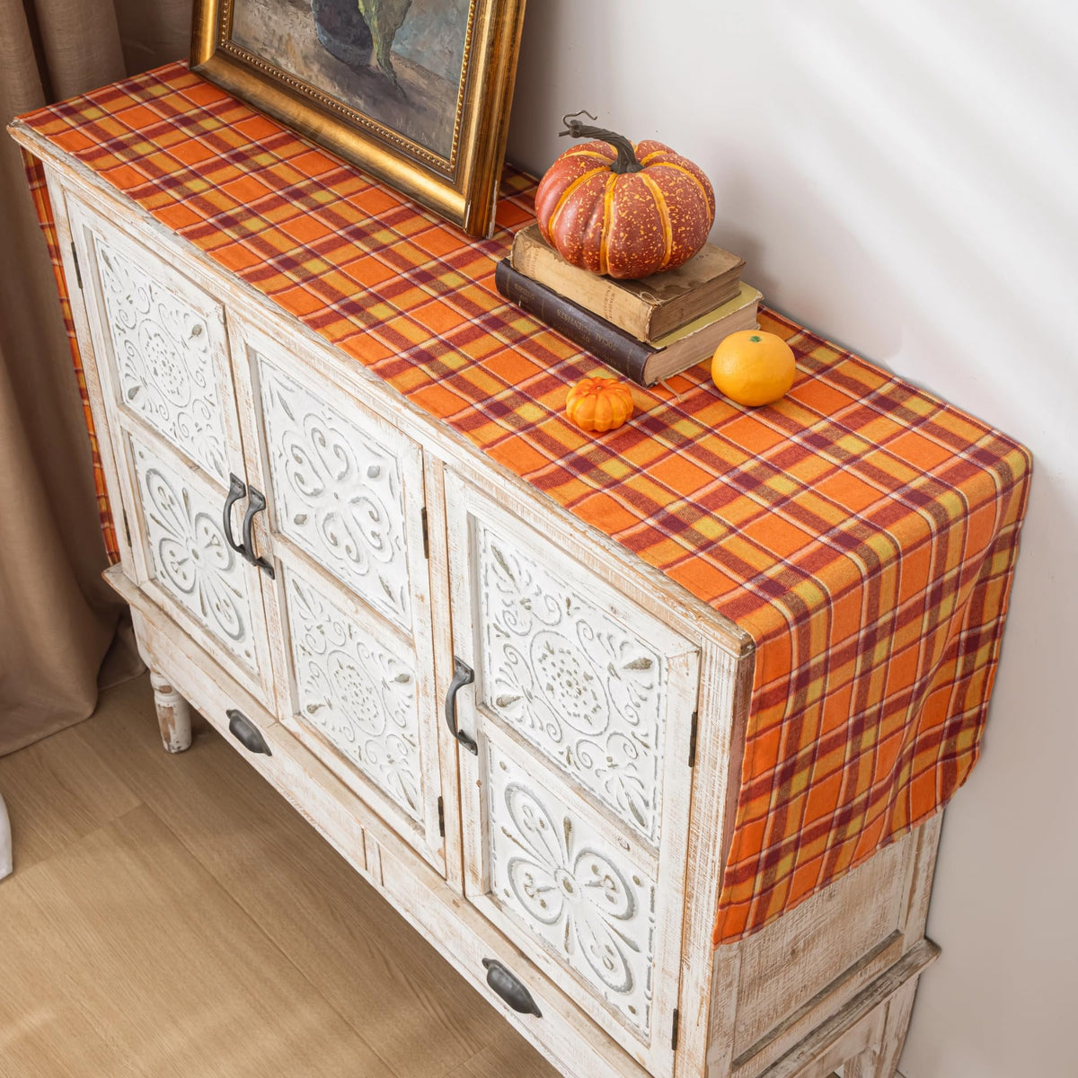 AQOTHES Plaid Fall Thanksgiving Table Runner - Orange Yellow / 13" x 90" view 1