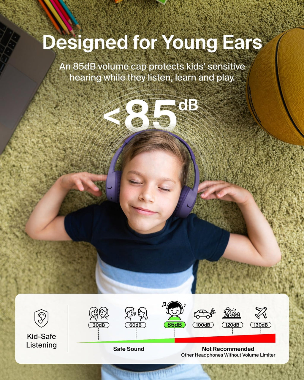 Belkin SoundForm Mini Kids Headphones - Purple / Wireless (USB-C) + Case view 1