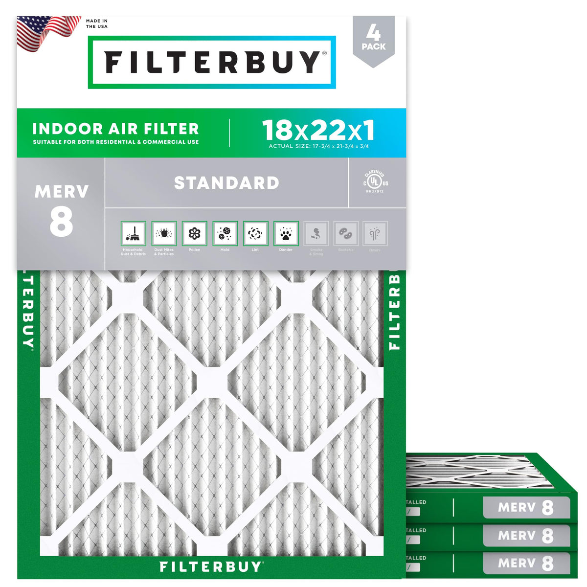 Filterbuy 18x22x1 Air Filter MERV 8 Dust & Allergy Defense (4-Pack) (FBA_AFB18x22x1M8pk4)