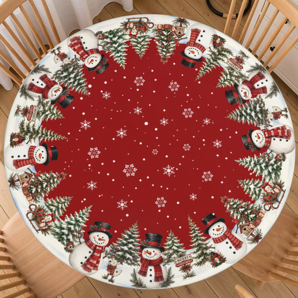 Christmas Red Round Fitted Tablecloth Elastic Edge Table Cover 40"-44"