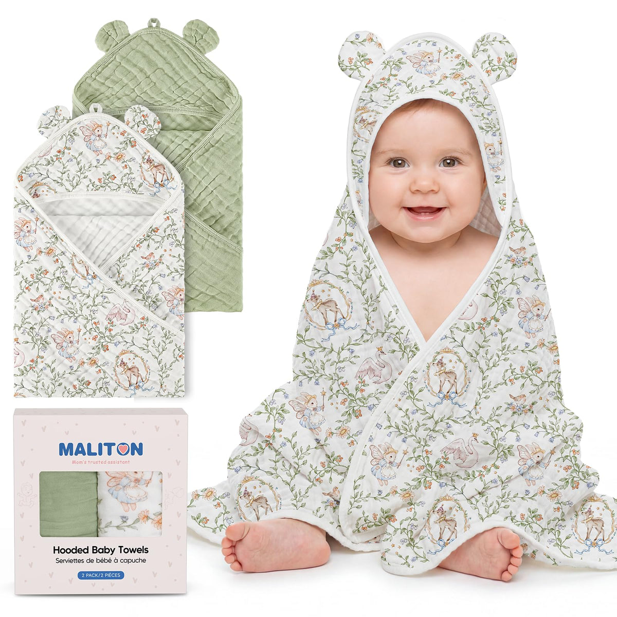 Maliton Hooded Baby Bath Towel - Green Rabbit