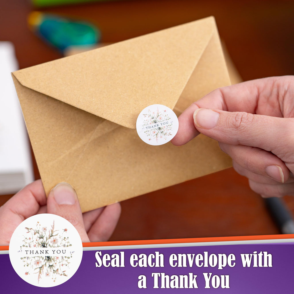 SPIRITDUST 52-pack Floral Thank You Cards Bulk with Kraft Envelopes & Matching Stickers, 3.5x5 Inches, 6 Wildflower