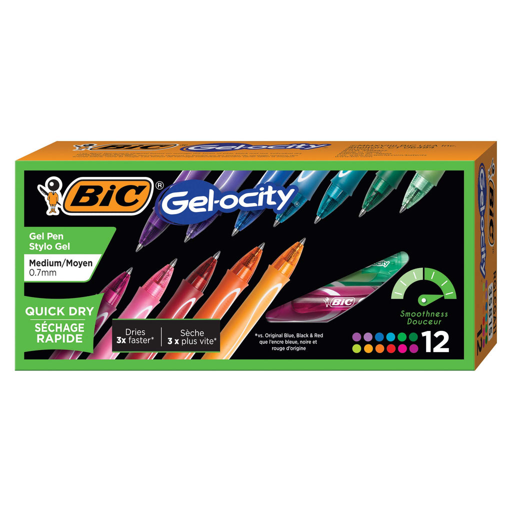 BIC Gel-Ocity Quick Dry Gel Pens, Medium Point Retractable Gel Pen (0.7mm), Assorted Colors, 12-Count- Pack of 18