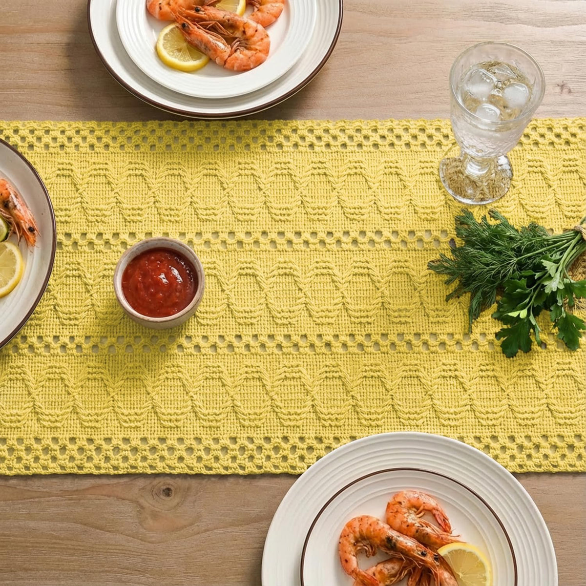 Artoid Woven Farmhouse Hollow Table Runner - Yellow / 12" x 48", Table Runner view 3