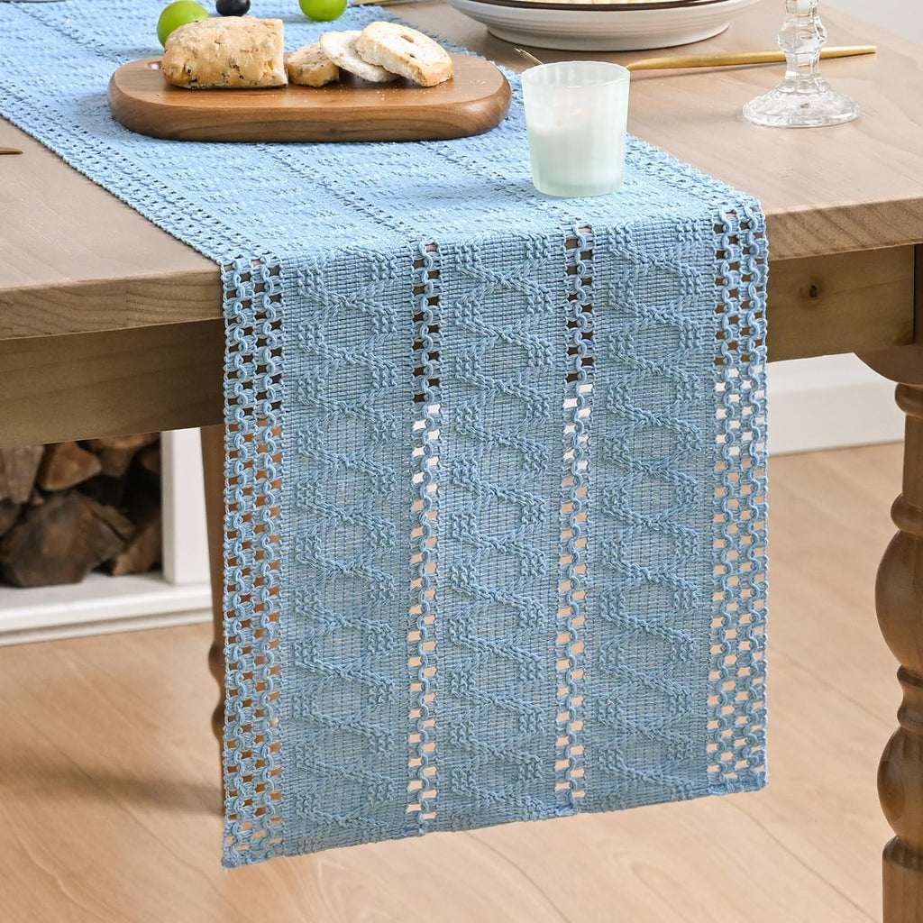 Artoid Woven Farmhouse Hollow Table Runner - Sky Blue / 12" x 48", Table Runner view 1